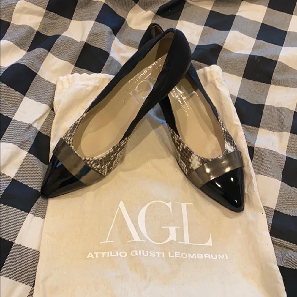 AGL Patent, snake, black low heels